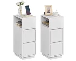 Nachtkastje - Set van 2 - Bijzettafel - Met Opbergruimte - Smal - Voor Kleine Ruimtes - 3 Lades - Wit