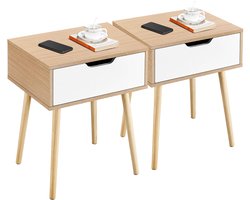 Nachtkastje set van 2 bijzettafeltjes met lade, houten poten, banktafel, nachtkastje, boxspringbed, nachtkastje voor slaapkamer/woonkamer, lichtbruin