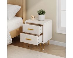 Nachtkastje set van 2, nachtkastje met 2 lades, nachtkastje voor slaapkamer, salontafel, woonkamer, zacht PU-gevoerd nachtkastje van MDF + metalen poten, handgreep, beige, 41x35,5x51cm