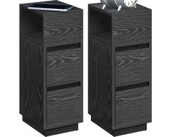 Nachtkastje - Set van 2 - Smal - Bijzettafel met 2 laden - Open vak links of rechts monteerbaar - Voor slaapkamer en woonkamer - Ebbenzwart