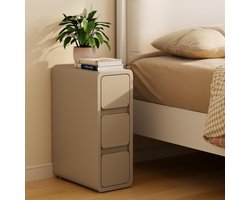 Nachtkastje - smal - bijzettafel met 3 laden - smalle nachtstand - installatievrij - lederen oppervlak - voor slaapkamer - woonkamer - breedte 20 cm (kaki)