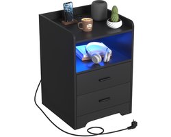 Nachtkastje Sofa-tafel met LED-verlichting, nachtkastje met oplaadstation, 2 laden voor slaapkamer, woonkamer Zwart