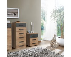 Nachtkastje Stratum - Spaanplaat - Eiken/Grafiet - 46x55x40 cm (BxHxD) - 3 Lades - Industrieel