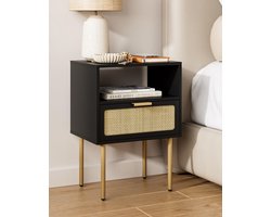Nachtkastje van rotan, zwarte nachtkastjes, kleine bijzettafel met lade, nachtkastmeubel, bijzettafel met gouden frame voor slaapkamer, woonkamer