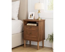 Nachtkastje van walnoothout met deur en open vak, bijzettafel met opbergruimte voor slaapkamer en woonkamer, modern nachtkastje (39 × 29 × 60 cm)