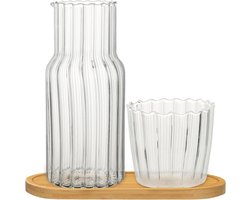 Nachtkastje waterkaraf met glazen beker en houten pallet, 20 oz set voor slaapkamer en badkamer