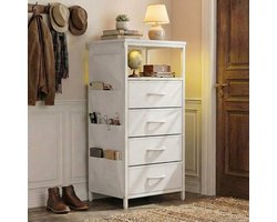 Nachtkastje Wit - ADFBL - met LED-verlichting en USB-poort - multifunctioneel ladeblok - met 4 lades - Opbergkast - Inclusief Zijvakken & Haken