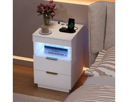 Nachtkastje Wit met 2 Lades en Open Vak, RGB LED Verlichting, Stopcontact, USB-C & USB Laadpoorten