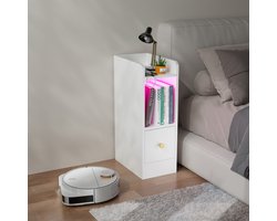 Nachtkastje - Wit nachtkastje - 30 cm × 20 cm × 58 cm, smal model met één lade, voorzien van een 0,24 meter lange Bluetooth-ledstrip, inclusief afstandsbediening