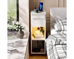 Nachtkastje - Wit nachtkastje met één lade Houten nachtkastje met Bluetooth-lichtstrip Nachtkastje met oplaadstation en geïntegreerde verlichting Hoekkast voor de slaapkamer