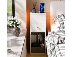 Nachtkastje -Wit nachtkastje - Met lamp Enkele lade Houten smalle bijzettafel - Met oplaadstation Geschikt voor slaapkamers en woonkamers