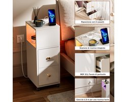 Nachtkastje - Wit nachtkastje - Nachtkastje met verlichting - Nachtkastje met dubbele lade - 2 stopcontacten/2 USB-poorten - Houten nachtkastje - Opbergkastje - Slank ontwerp - Nachtkastje voor de slaapkamer Europese standaardstekker 30 x 25 x 66 cm