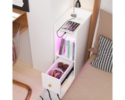 Nachtkastje-Wit nachtkastje - smal nachtkastje met drie niveaus - nachtkastje met één lade - 1 stopcontact/2 USB-aansluitingen - houten nachtkastje31.5x20x58cm