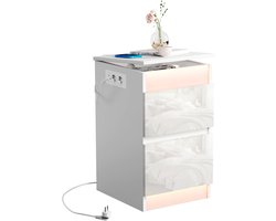 Nachtkastje - Wit nachtkastje - Verlicht nachtkastje met twee lades - Voorzien van twee stopcontacten en twee USB-poorten - Geschikt voor slaapkamers en woonkamers