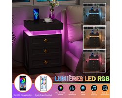 Nachtkastje - Zwart nachtkastje - Nachtkastje met verlichting - Uitschuifbaar tafelblad - Nachtkastje met drie lades - Houten nachtkastje - Nachtkastje voor de slaapkamer - Nachtkastje met oplaadstation - 40x35x61 cm