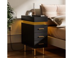 Nachtkastje - Zwart Nachtkastje - Smal Nachtkastje - 3 Laden - Met Verlichting - Afstandsbediening - Verstelbare Bluetooth LED-strip - 1 Stopcontact/2 USB-poorten - Houten Nachtkastje - 50x25cm x 67cm