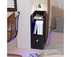 Nachtkastje - Zwart nachtkastje - Zwevend nachtkastje - Nachtkastje met drie planken - Nachtkastje met één lade - 1 stopcontact/2 USB-poorten - Houten nachtkastje - Nachtkastje met lamp - Nachtkastje voor de slaapkamer 30x20x58 cm