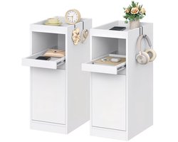 Nachtkastjes 2-delige Set, Nachtkastjes met Bekerrek, Bijzettafel met 1 Deur, Bijzettafel met 2 Hake, Moderne Stijl, Wit, 35 × 24 × 64 Cm