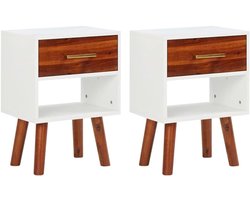 Nachtkastjes, 2 stuks, retro massief acaciahout en MDF, met lade en plank, messing handgrepen, 40 x 30 x 57 cm, bijzettafels voor slaapkamer en woonkamer.