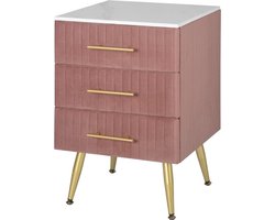 Nachtkastjes met 3 lades - Klein dressoir - Commode - Nachtkastje - Marmer - Fluweel - Velvet - Roze, wit en goud