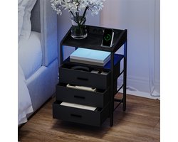 Nachtkastjes met LED-verlichting en oplaadstation, bijzettafel met 3 stoffen lades en planken met USB-poorten & stopcontacten voor slaapkamer