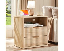 Nachtkastjes met Oplaadstation - Scandinavisch Design - Eiken Look met Gouden Handgrepen - Geribbelde Ladefronten - 2 Lades & Open Vak - 56 x 40 x 61 cm