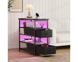 Nachtkastjes modern - Nachtkastje - 58x28x60 cm - nachtkastje zwart - nachtkastje met stopcontact - Nachtkastje met vier niveaus - USB Type-C oplaadpoort - app-gestuurde slimme LED-verlichting - open opbergruimte twee lades - Antislipvoetjes