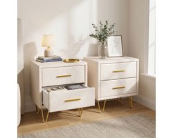 Nachtkastjes set van 2 - 41x35.5x51 cm - met 2 lades - PU-leer en gouden metalen poten - modern - Beige
