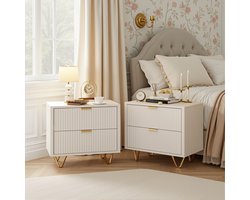 Nachtkastjes - Set van 2 - 55 cm Hoog - Modern Design - Wit met Gouden Poten - Geribbeld