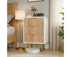 Nachtkastjes Set van 2 - ADFBL - Nachtkastje met 3 Lades - Wit & Hout met Gouden Accenten - Modern Bijzettafeltje met Ribbelstructuur - Slaapkamer Kastje 65 cm Hoog
