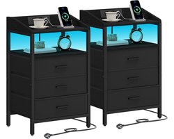 Nachtkastjes set van 2 – Modern design met LED-verlichting, USB-poorten en stopcontacten, zwart
