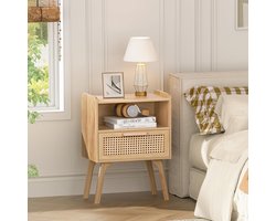 Nachtkastjes Set van 2 - Rotan Nachtkastje Boho - Bijzettafel Hout met Lade & Open Rek - Kleine Bijzettafels voor Slaapkamer & Woonkamer - Kastje met Houten Poten - Retro Vintage Nachtkastjes voor Sofa - Set van Twee Stuks