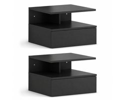 Nachtkastjes set van 2 - Zwevend nachtkastje - Wandmontage - Lade - Open vak - Zwart - 35 x 32 x 22,5 cm