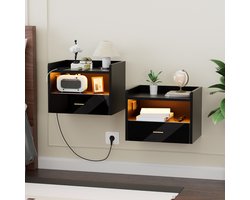 Nachtkastjeset (2 stuks) - Wandnachtkastje - met lade en oplaadstation - met LED-verlichting - 1 stopcontact/2 USB-poorten, houten nachtkastje - geschikt voor slaapkamerwanden - stopcontact volgens Europese standaard - zwart