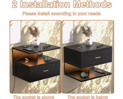 Nachtkastjesset - Wandgemonteerde nachtkastjes (2-delige set) - Nachtkastje met één lade - Nachtkastje met verlichting - Zwart nachtkastje - 40x30x30 cm