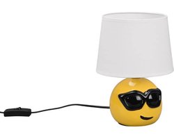 Nachtlamp keramiek tafellamp voor slaapkamer woonkamer lamp tafellamp modern, emoji met zonnebril geel, textiel wit, 1x E14 fitting, DxH 18x26 cm