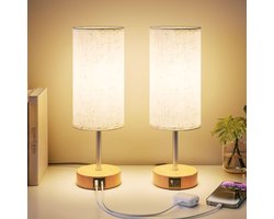 Nachtlampen Set - 2 Stuks - Touch Bediening - Dimbaar - 3 Warmwitte Lichtstanden - USB-A & USB-C Oplaadpoorten - Linnen Lampenkap - E27 Lamp Inclusief - Houtkleur