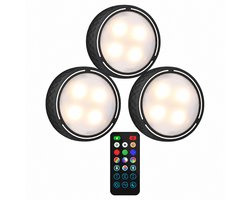 Nachtlampje - Kastverlichting - Kastverlichting Draadloos - 3-delige Set Onderkast Lampen met Warm Wit Koud Wit en RGB - Met Afstandsbediening - Onderbouwverlichti - Nachtverlichting voor Kledingkast Keuken en Gang - 3 Stuks - Zwart