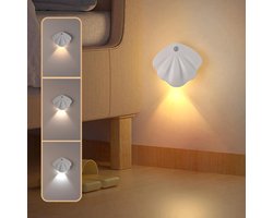 Nachtlampje met bewegingssensor - sensorlamp - LED nachtlamp - USB oplaadbaar - draadloos magnetisch - 3 kleurstanden - auto/altijd aan - schelpvorm wandlampje - wit - grote batterij
