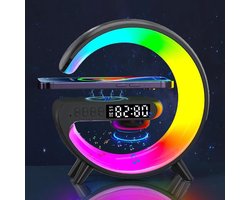 Nachtlampje met oplaadfunctie, Bluetooth-luidspreker, wekker, dimbare led-tafellamp, alarmklok, G-vormige draadloze oplader via USB-C-aansluiting, wake-up light (zwart)
