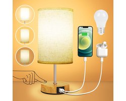 Nachtlampje Touch dimbaar - met USB A+C oplaadpoorten- lampenkap van linnen stof- houten sokkel- kleine tafellamp voor slaapkamer en woonkamer (ledlamp inbegrepen)