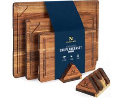 Nadafati Premium Massief Acacia Houten Snijplankenset met Houder - 3 Houten Snijplanken - Dubbelzijdig - Met Sapgeul - Hakblok - Serveerplank - Borrelplank - Tapasplank - Kaasplank - Broodplank - Snijplank van Acaciahout