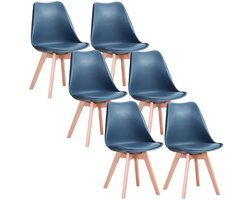 NaevaMi Eetkamerstoelen - Eetkamerstoelen Set van 6 - Eetkamerstoelen met Houten Poten - Modern en Minimalistisch - Pu Gewatteerde Zitting - Beukenhout Benen - Nordic Stoel Voor Keuken Woonkamer/Eetkamer - Blauw