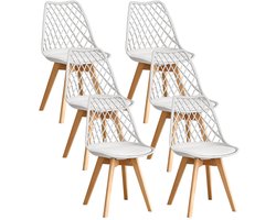 NaevaMi Eetkamerstoelen - Eetkamerstoelen Set van 6 - Eetkamerstoelen met Houten Poten - Modern en Minimalistisch - Pu Gewatteerde Zitting - Beukenhout Benen - Nordic Stoel Voor Keuken Woonkamer/Eetkamer - Wit