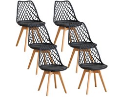 NaevaMi Eetkamerstoelen - Eetkamerstoelen Set van 6 - Eetkamerstoelen met Houten Poten - Modern en Minimalistisch - Pu Gewatteerde Zitting - Beukenhout Benen - Nordic Stoel Voor Keuken Woonkamer/Eetkamer - Zwart