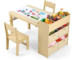 NaevaMi Kindertafel - Knutseltafel Kinderen - Kinder Bureau - Speelkamer - Hobbytafel - Tekentafel Kinderen - Hout - 2 Stoelen - Met Opbergplanken - 103×56×64cm