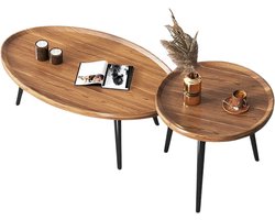NaevaMi Ronde Salontafel - Set van 2 - Ovaal: 80x55x38cm / Rond: 40x47.5cm - Draagvermogen 50kg en 30kg - Hout - Rond - Ovaal - Bijzettafels - Metalen Poten - Modern - Industrieel - Walnoot Bruin en Zwart