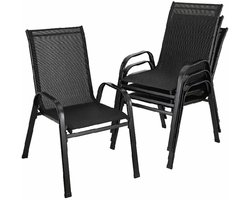NaevaMi Tuinstoelen Stapelbaar - Tuinstoelen Staal - Set van 4 - Stapelstoelen van PVC en Metalen Frame - Terrasstoelen met Armleuningen - Balkonstoelen - Belastbaar tot 150 kg - 44 x 69 x 93 cm - Zwart