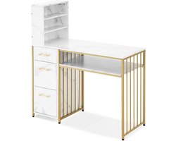 Nageltafel – Bureau – Make-Uptafel – Schrijftafel – Manicuretafel – Wit MDF Hout – Met Metalen Frame – 3 Lades – Open Opbergruimte – 43x108x125 cm