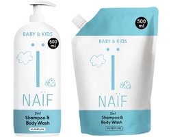 Naïf - 2-in-1 Shampoo & Body Wash - Voordeelset - Baby & Kids - 0% Parfum - Pompfles en Navulling - 2x500ml
